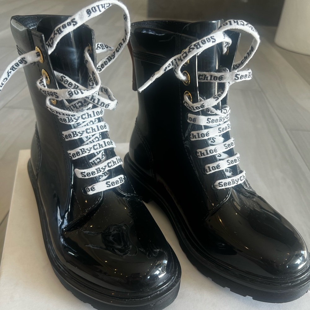See By Chloe Glossy Black Combat Boots